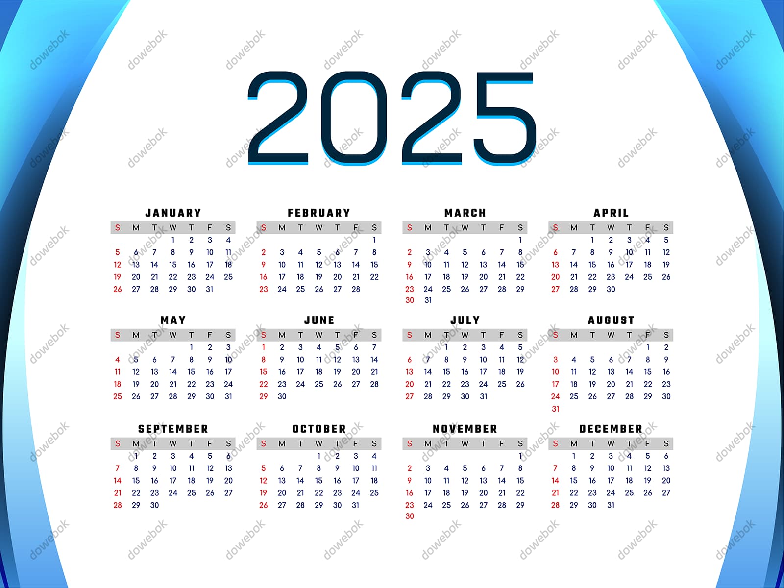 简单蓝色背景设计 2025 年日历矢量素材(EPS)