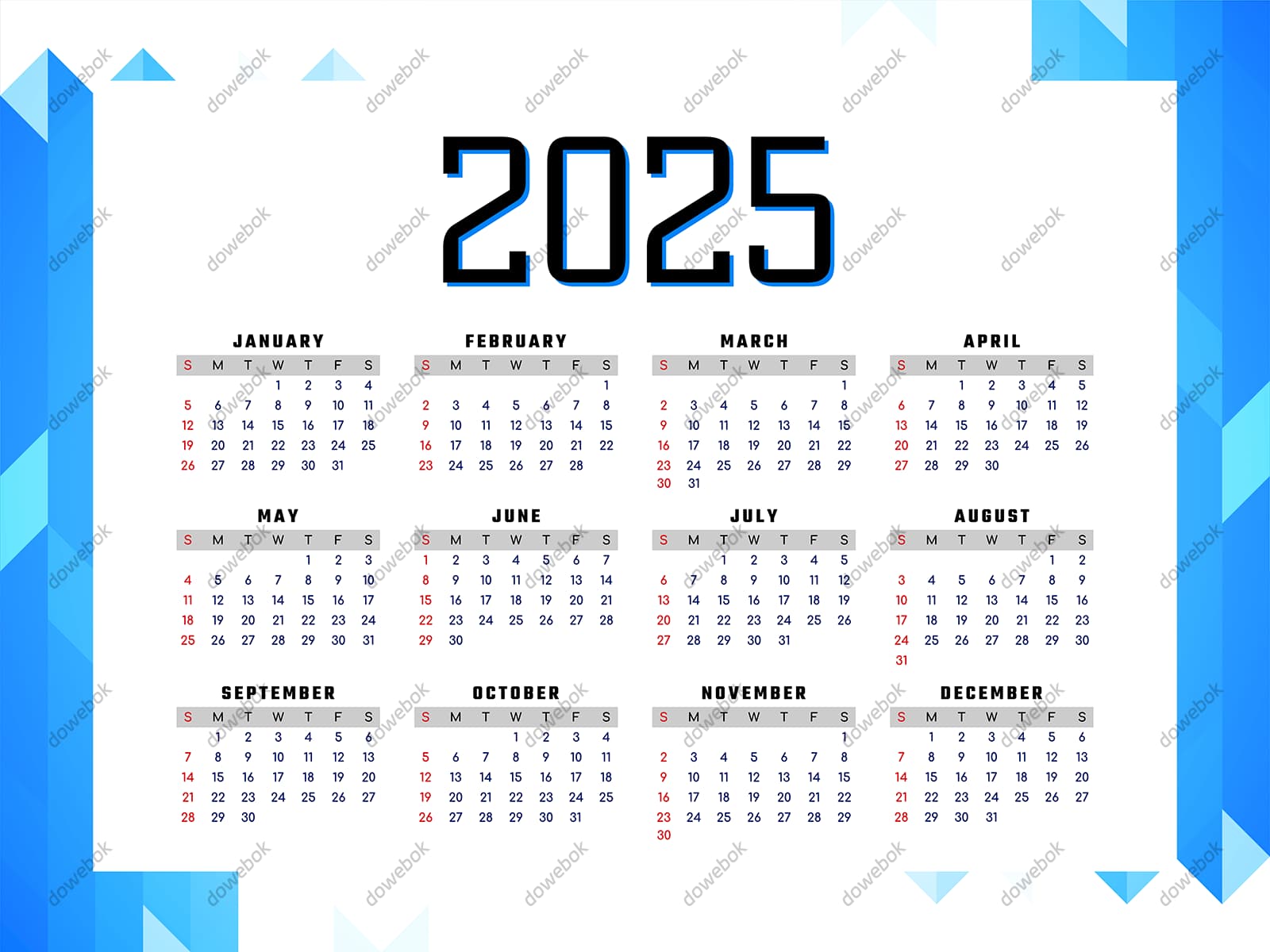简单蓝色背景设计 2025 年日历矢量素材(EPS)
