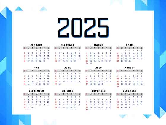简单蓝色背景设计 2025 年日历矢量素材(EPS)