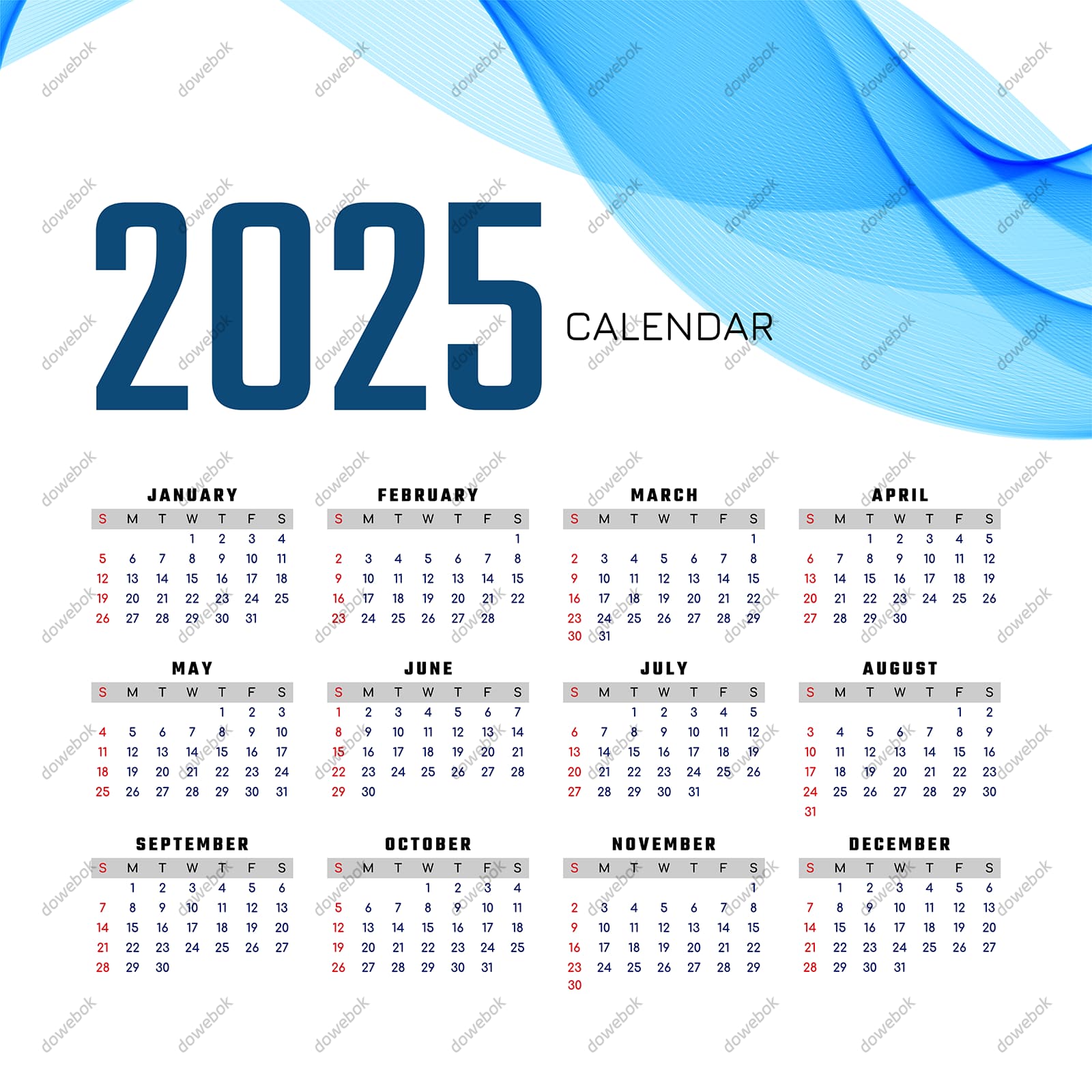 简单蓝色背景设计 2025 年日历矢量素材(EPS)