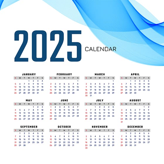 简单蓝色背景设计 2025 年日历矢量素材(EPS)