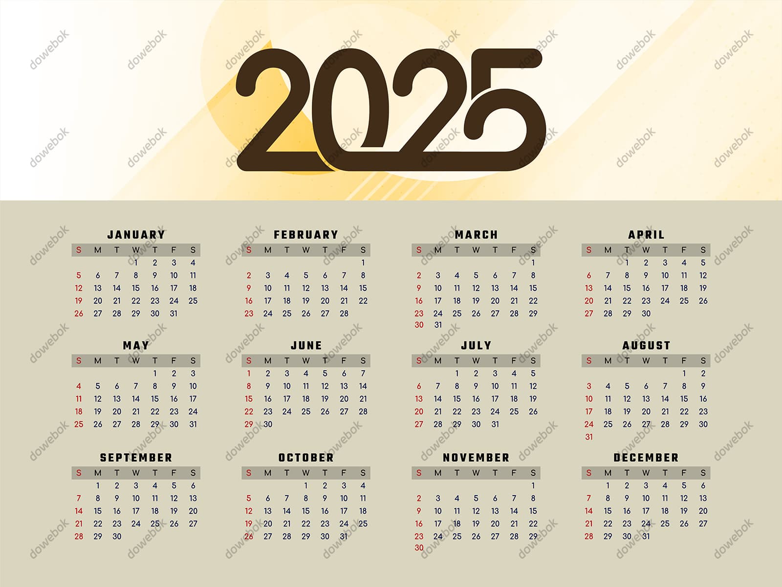 简单黄色背景设计 2025 年日历矢量素材(EPS)