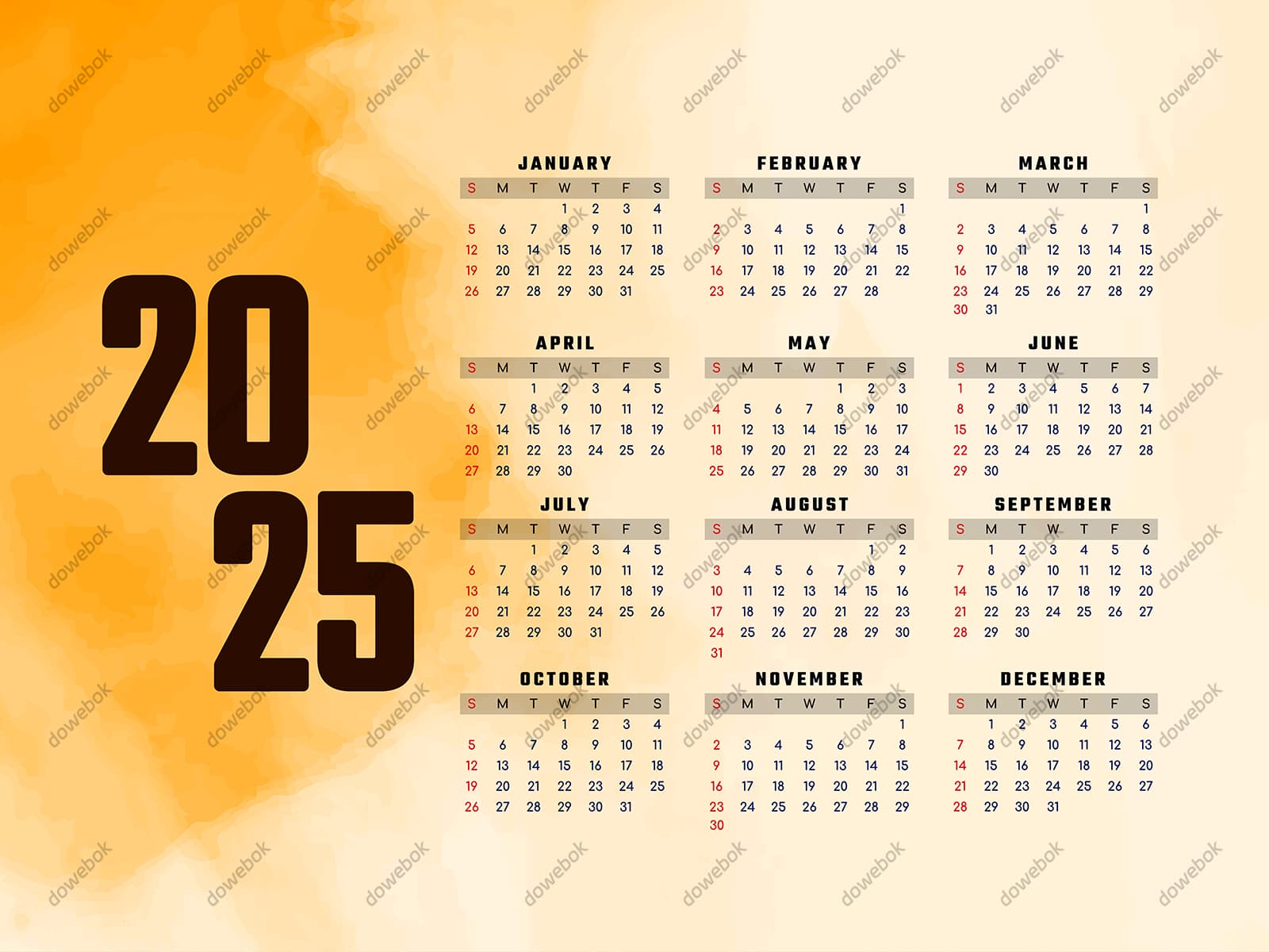 水彩黄色背景设计 2025 年日历矢量素材(EPS)