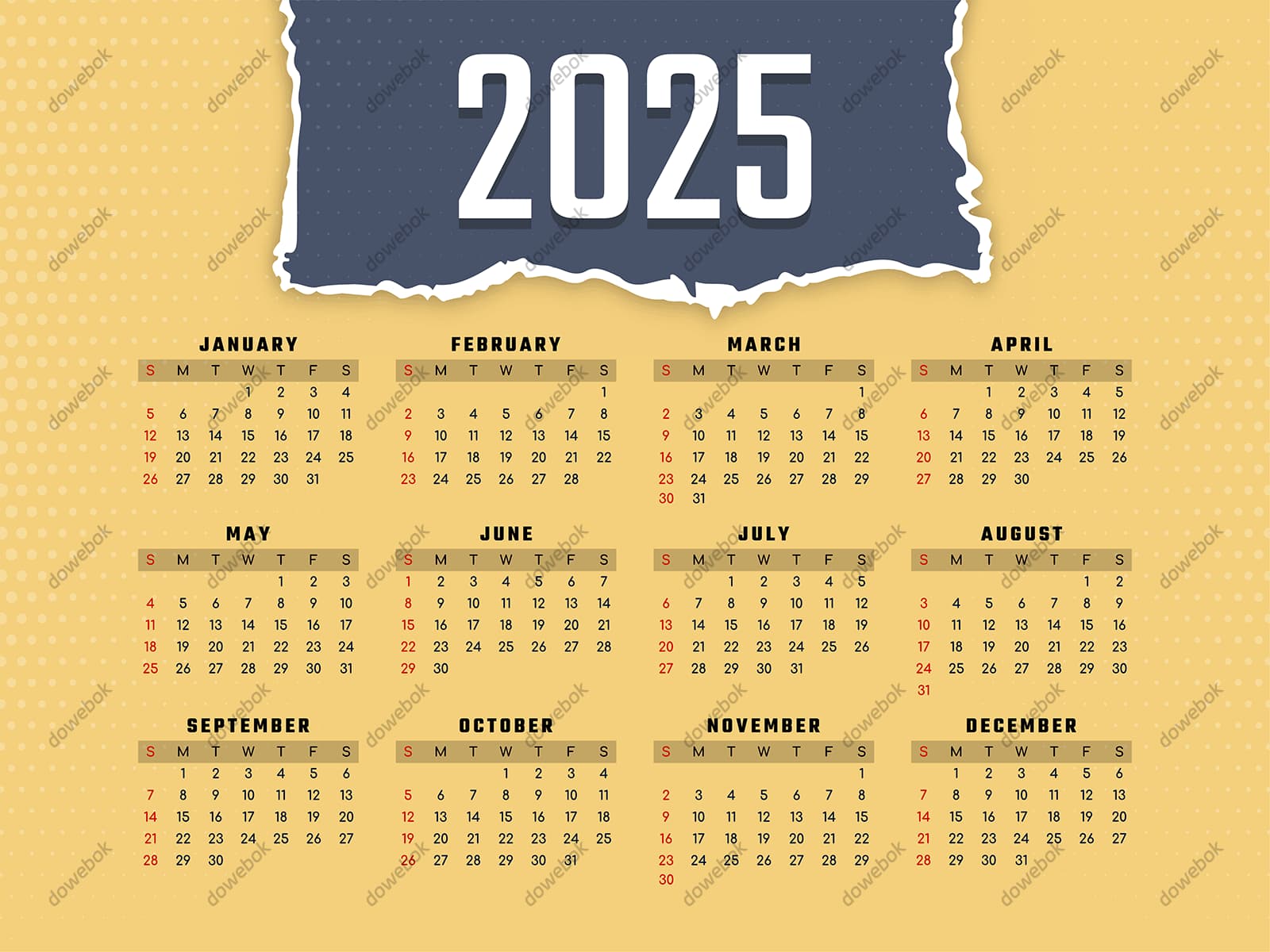 黄色背景设计 2025 年日历矢量素材(EPS)