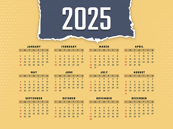 黄色背景设计 2025 年日历矢量素材(EPS)
