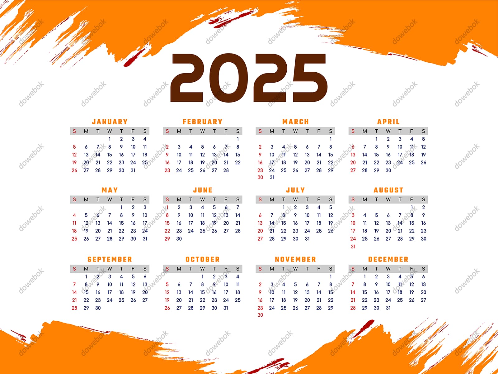 橙色涂鸦背景设计 2025 年日历矢量素材(EPS)