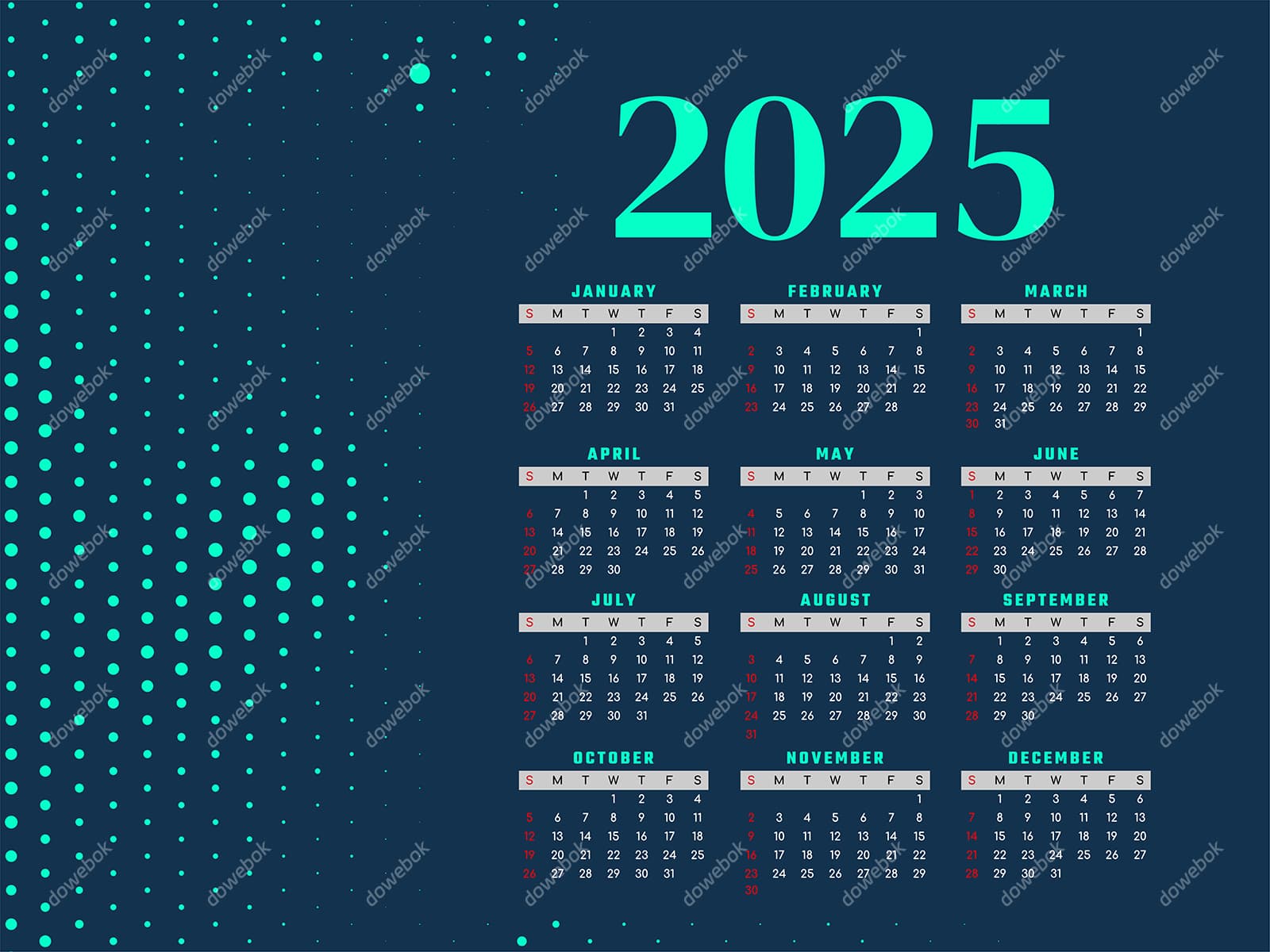 抽象点阵背景设计 2025 年日历矢量素材(EPS)