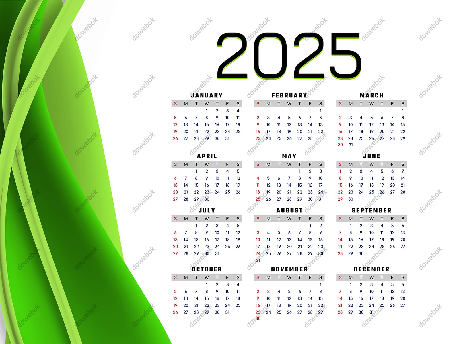 绿色波纹背景设计 2025 年日历矢量素材(EPS)