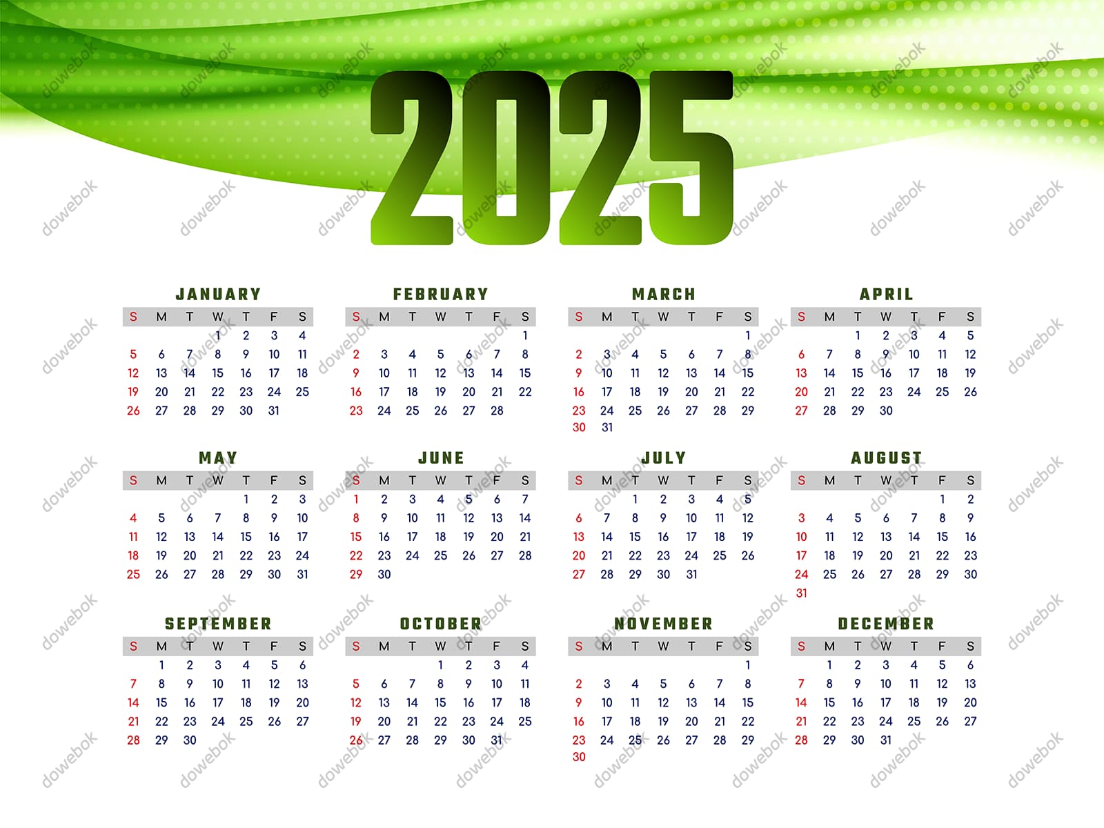 绿色波纹背景设计 2025 年日历矢量素材(EPS)