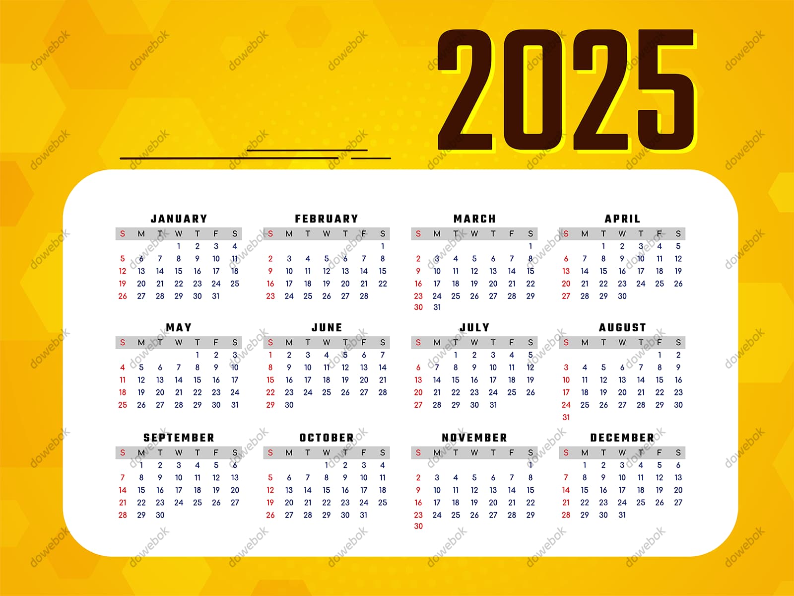 黄色蜂窝背景设计 2025 年日历矢量素材(EPS)