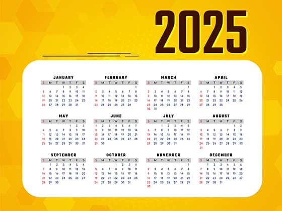 黄色蜂窝背景设计 2025 年日历矢量素材(EPS)