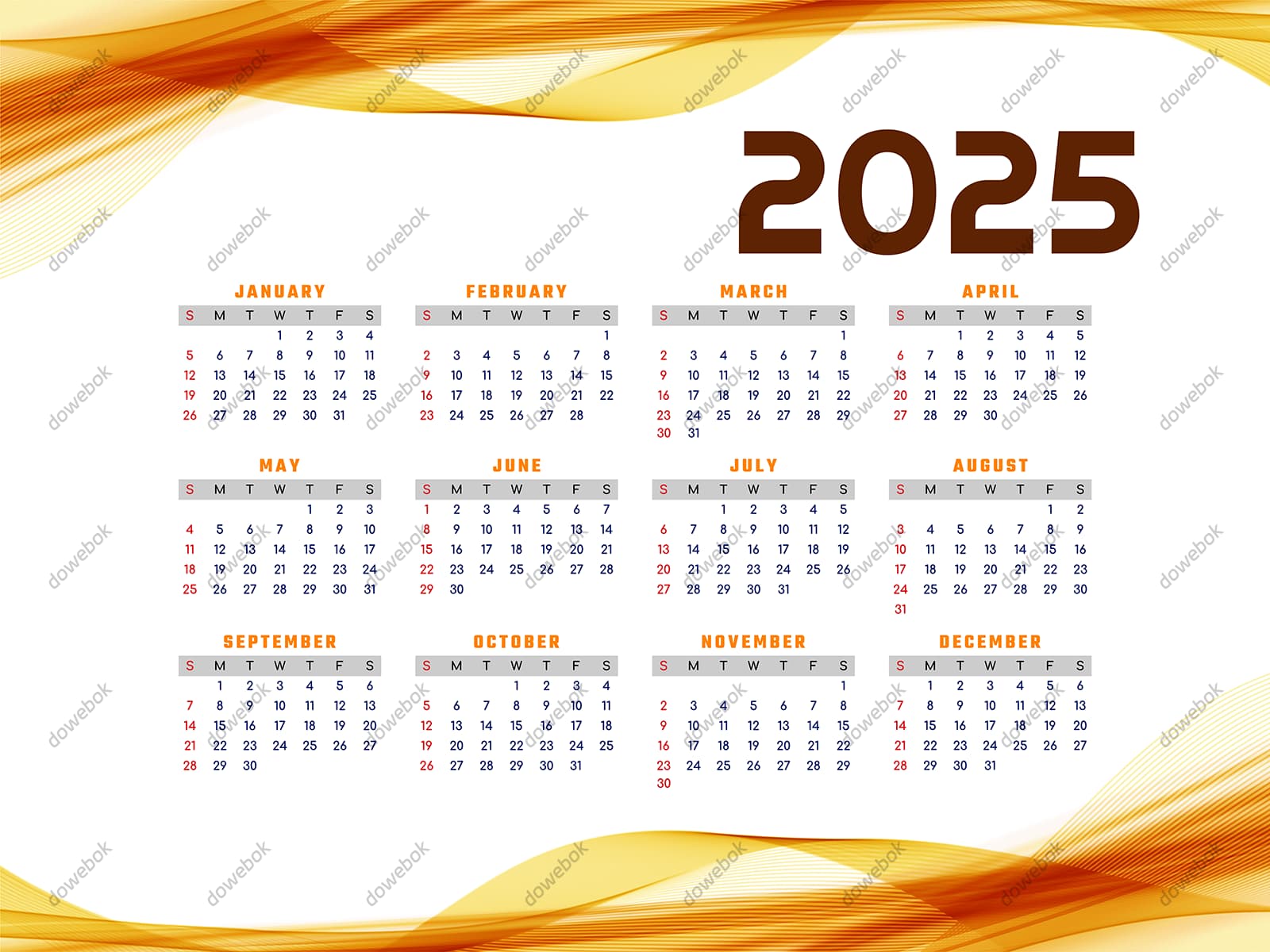 抽象黄色波浪背景设计 2025 年日历矢量素材(EPS)