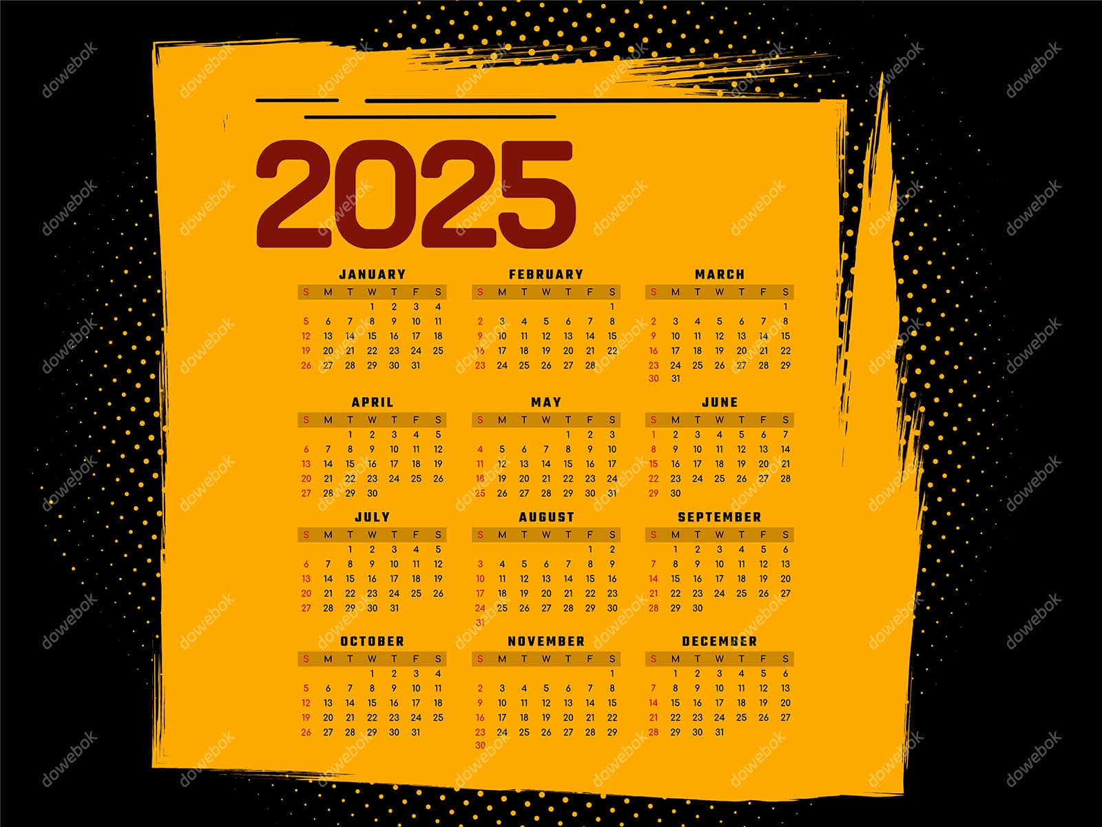 黄黑色背景设计 2025 年日历矢量素材(EPS)