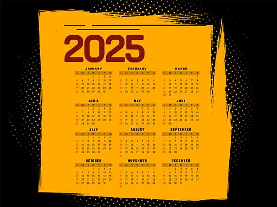 黄黑色背景设计 2025 年日历矢量素材(EPS)