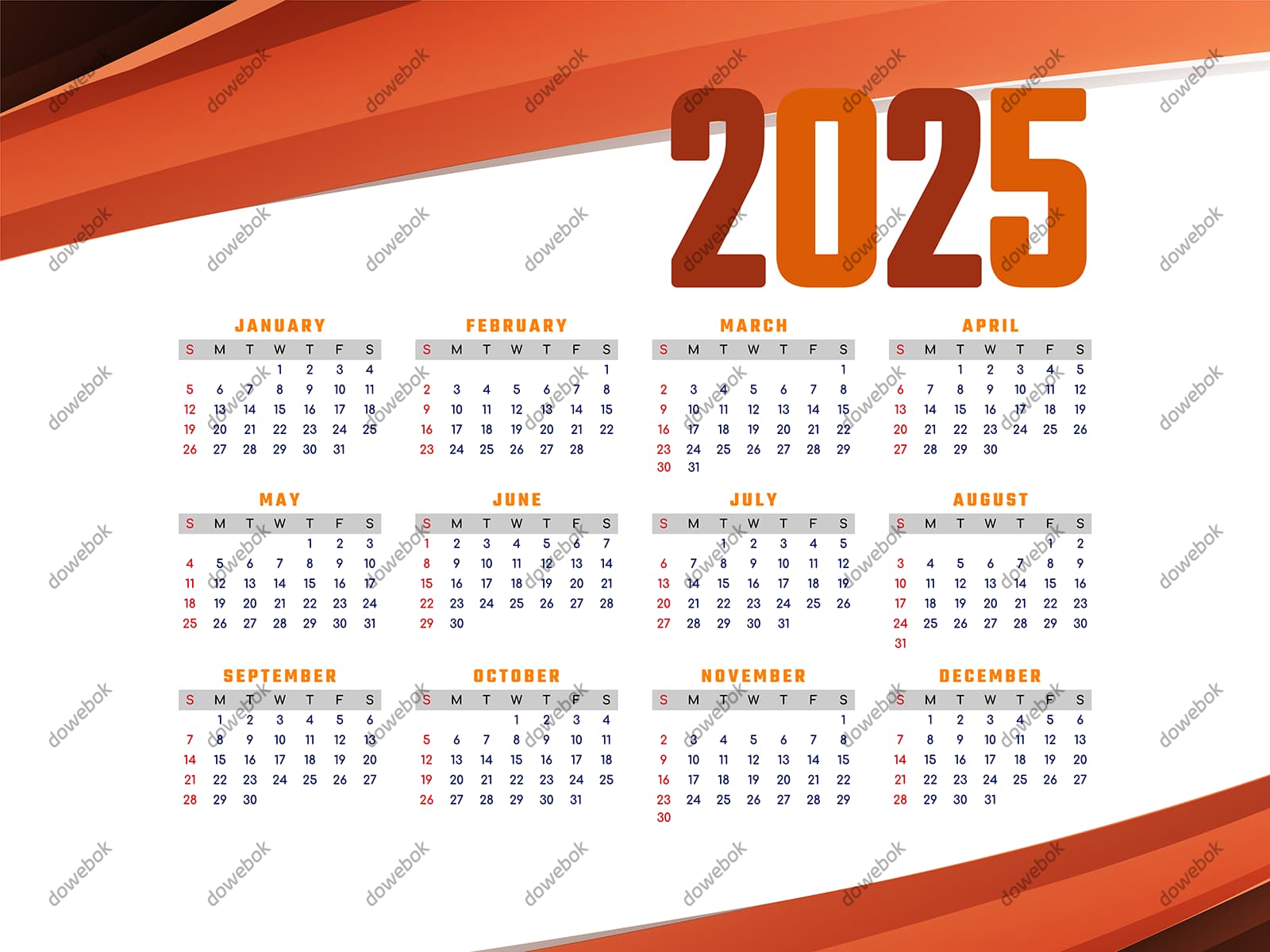 抽象红色线条设计 2025 年日历矢量素材(EPS)