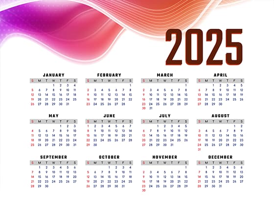 抽象紫色波浪背景设计 2025 年日历矢量素材(EPS)