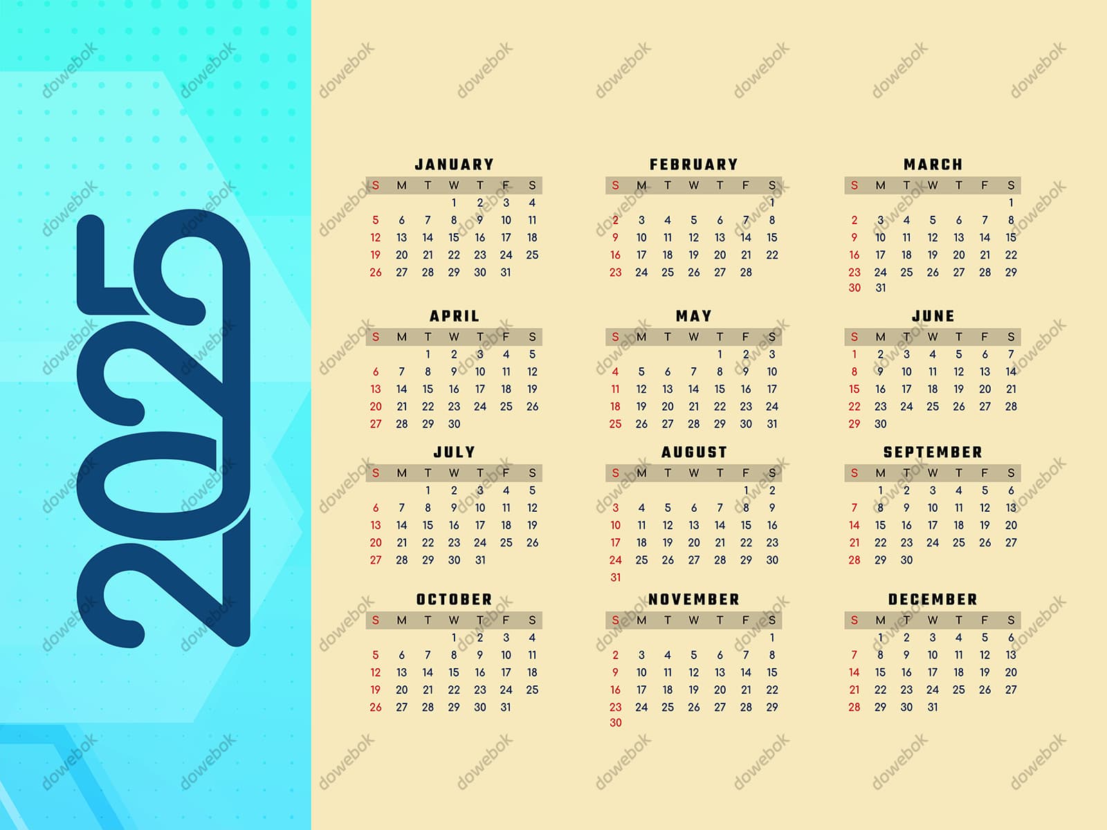 蓝色和卡其色背景设计 2025 年日历矢量素材(EPS)