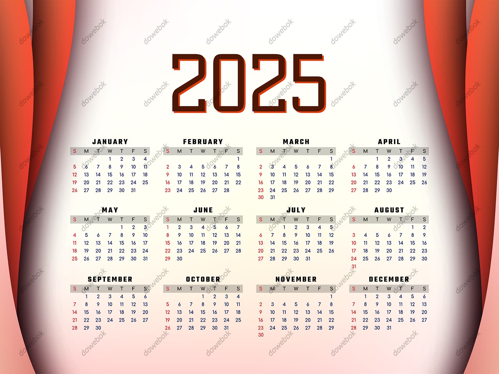 红色渐变波浪背景设计 2025 年日历矢量素材(EPS)