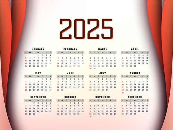 红色渐变波浪背景设计 2025 年日历矢量素材(EPS)