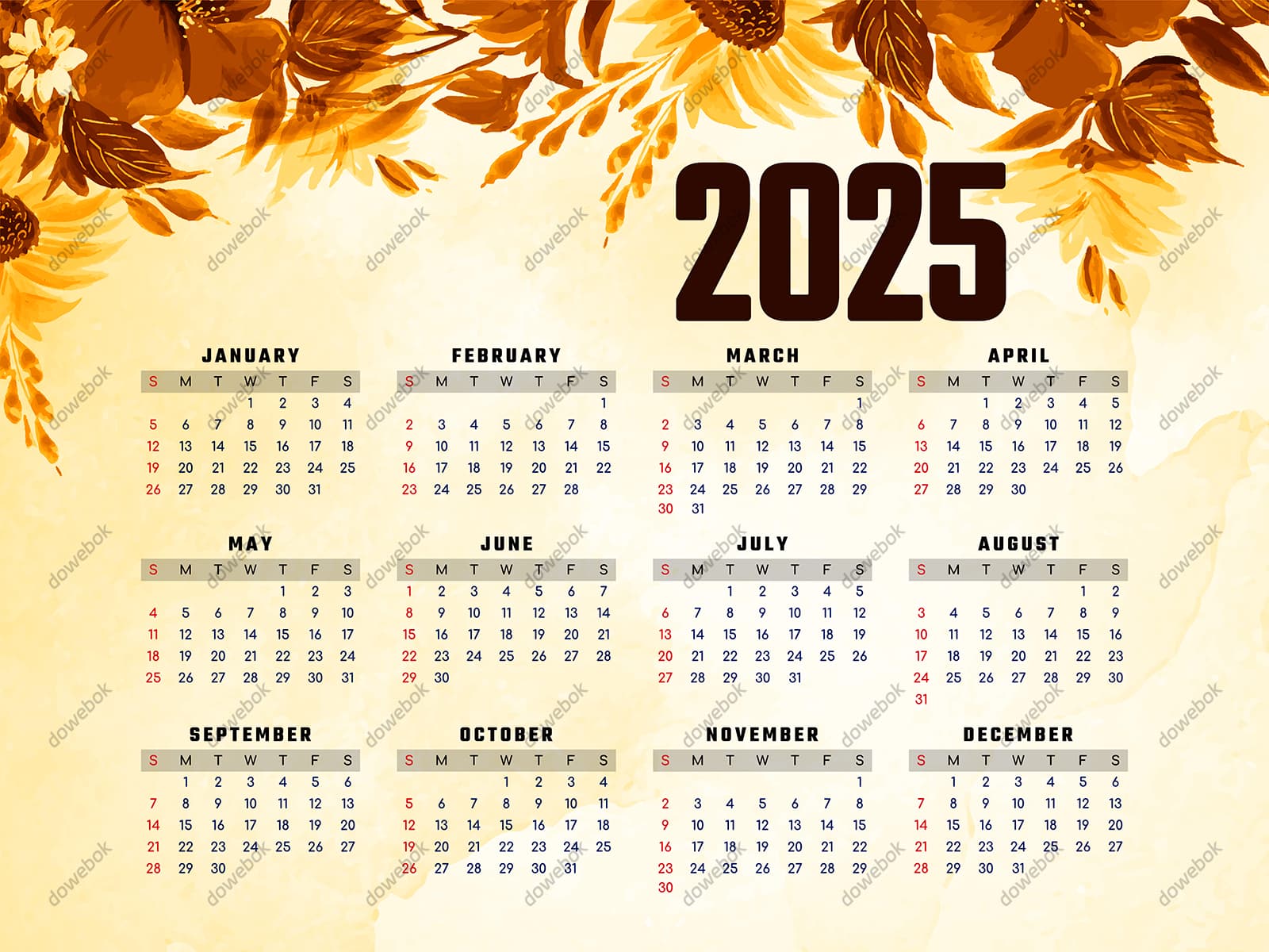 黄色油画花朵设计 2025 年日历矢量素材(EPS)