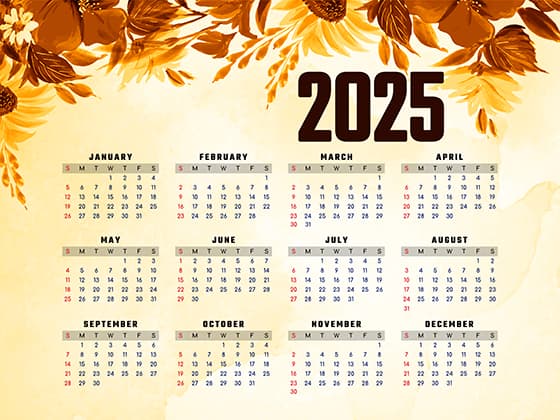 黄色油画花朵设计 2025 年日历矢量素材(EPS)