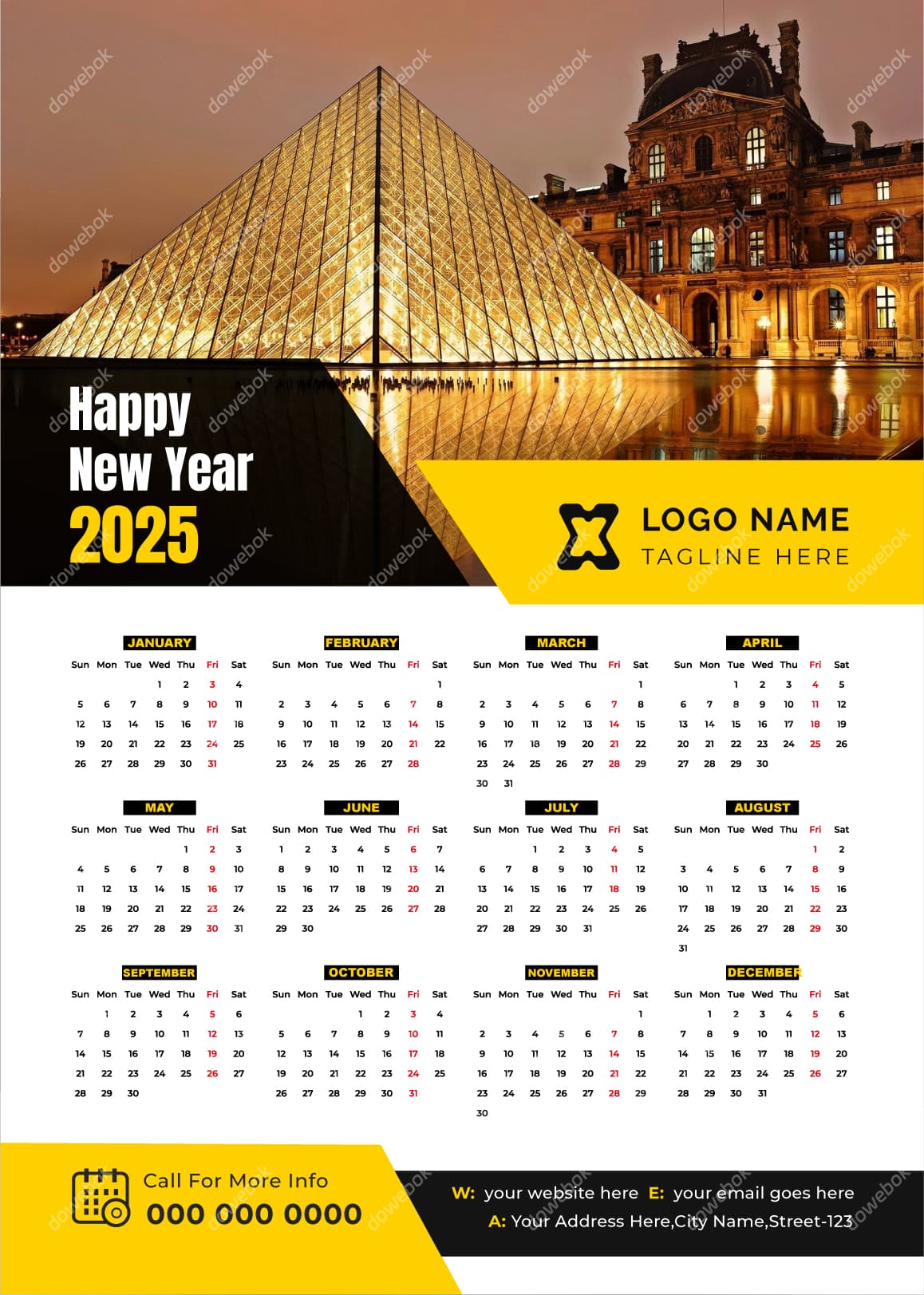 巴黎卢浮宫背景设计 2025 年日历矢量素材(EPS)