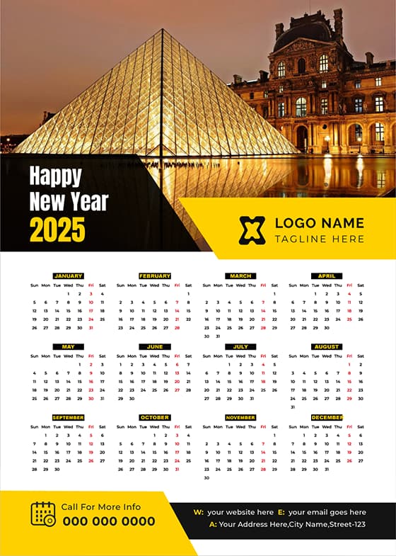 巴黎卢浮宫背景设计 2025 年日历矢量素材(EPS)