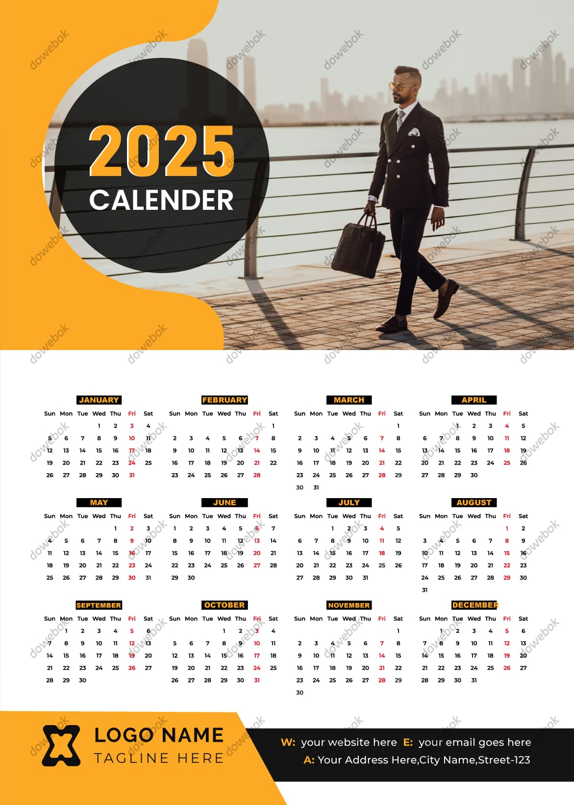 提着公文包走在街上的男子设计 2025 年日历矢量素材(EPS)