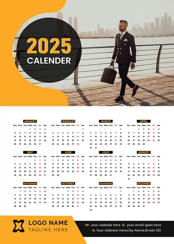 提着公文包走在街上的男子设计 2025 年日历矢量素材(EPS)