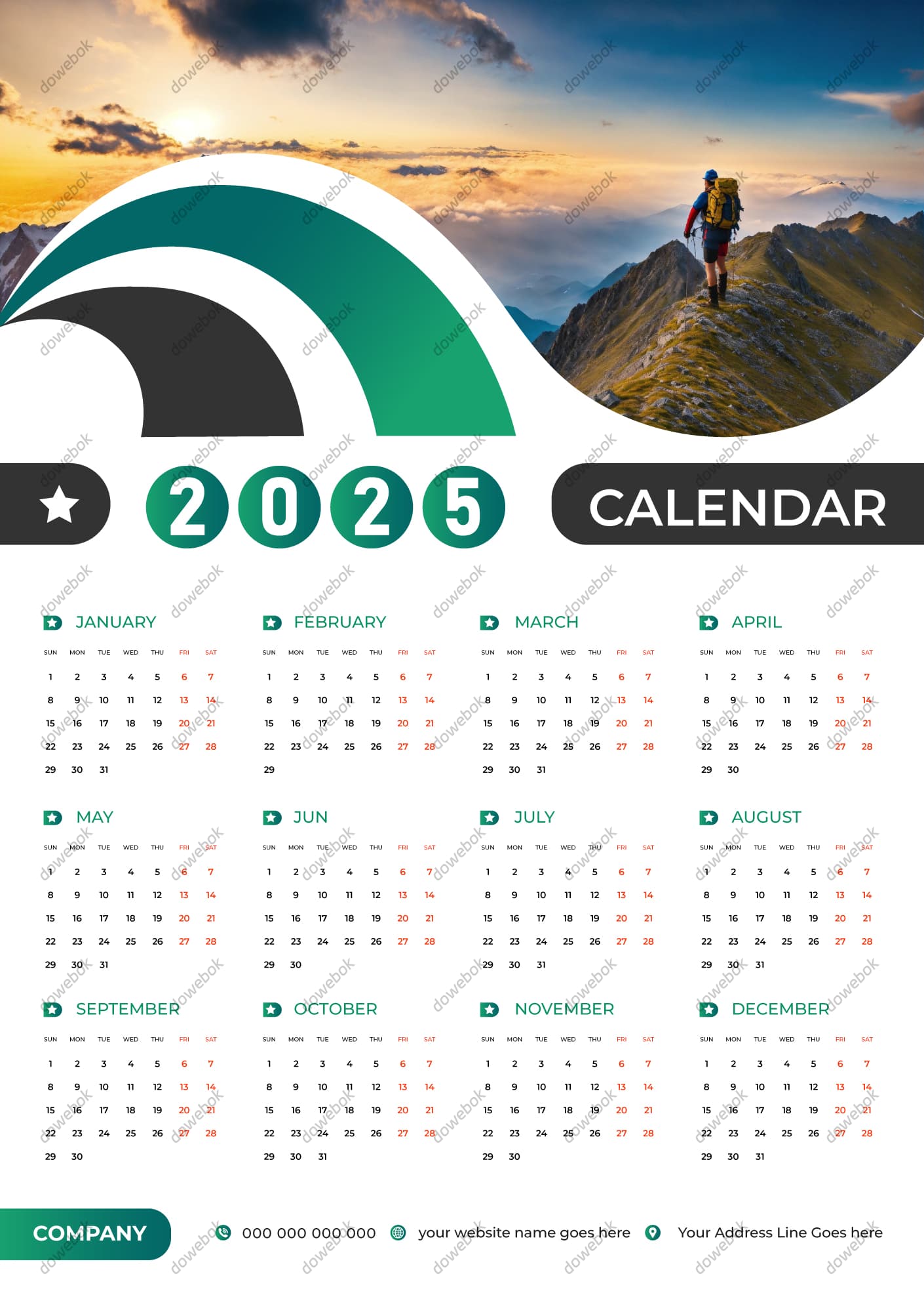 登上山顶看日出的男子设计 2025 年日历矢量素材(EPS)