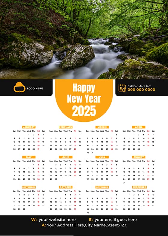 森林里的小溪设计 2025 年日历矢量素材(EPS)