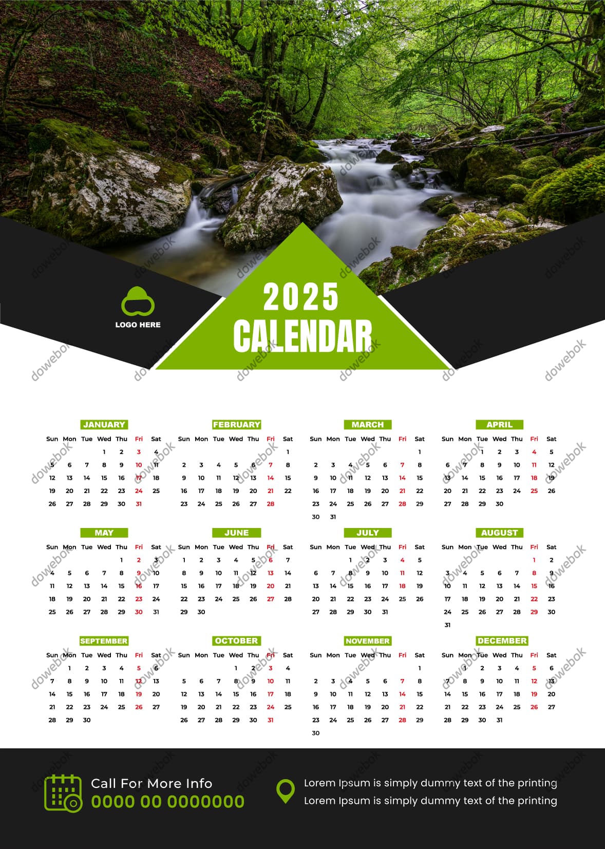 森林里的小溪设计 2025 年日历矢量素材(EPS)