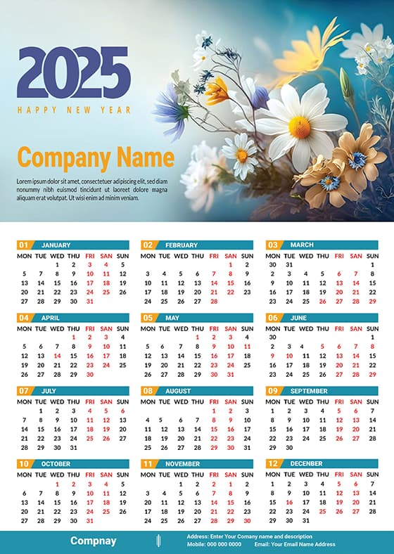 漂亮的花卉设计 2025 年日历矢量素材(EPS)