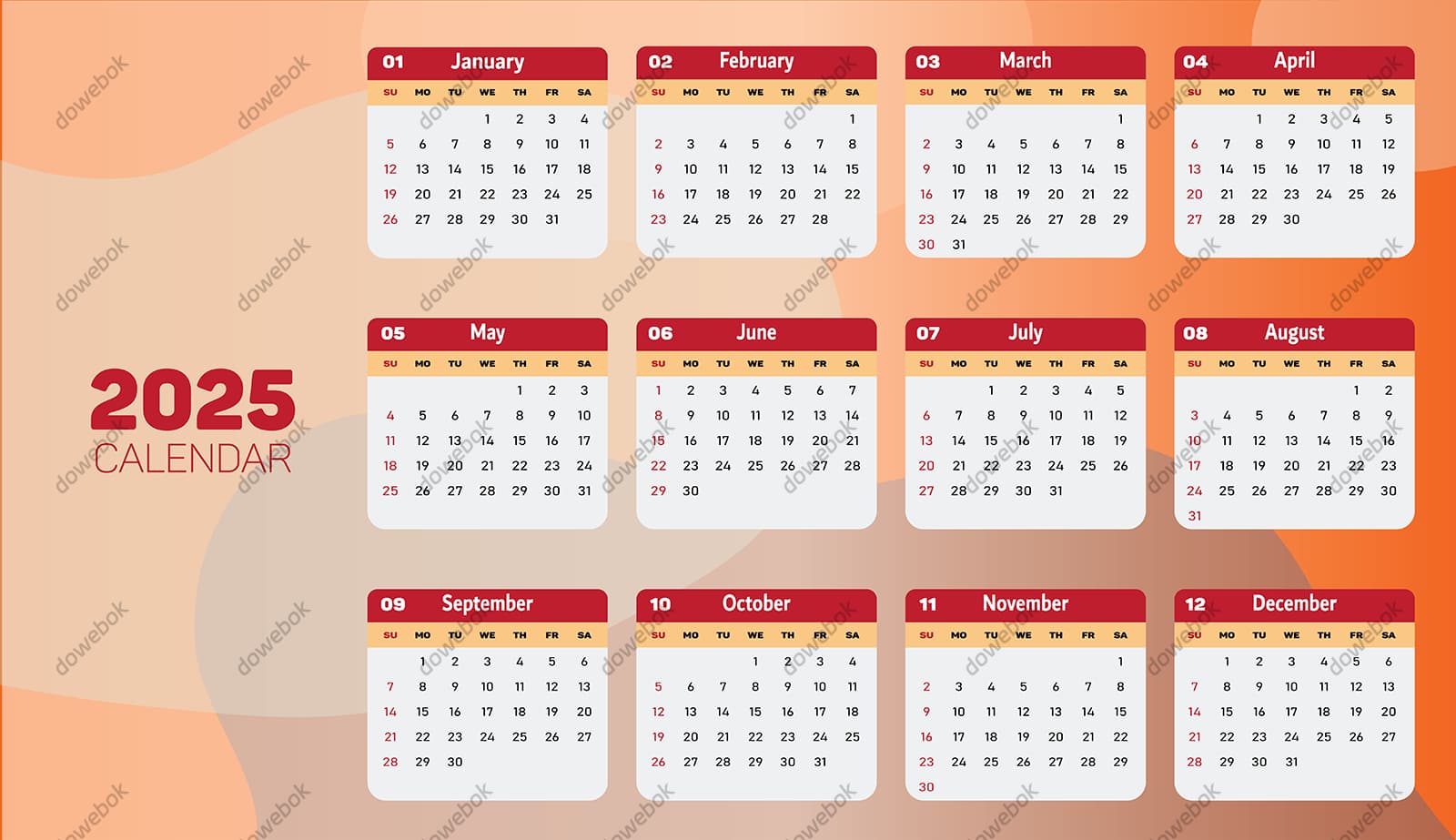 渐变抽象背景设计 2025 年日历矢量素材(EPS)