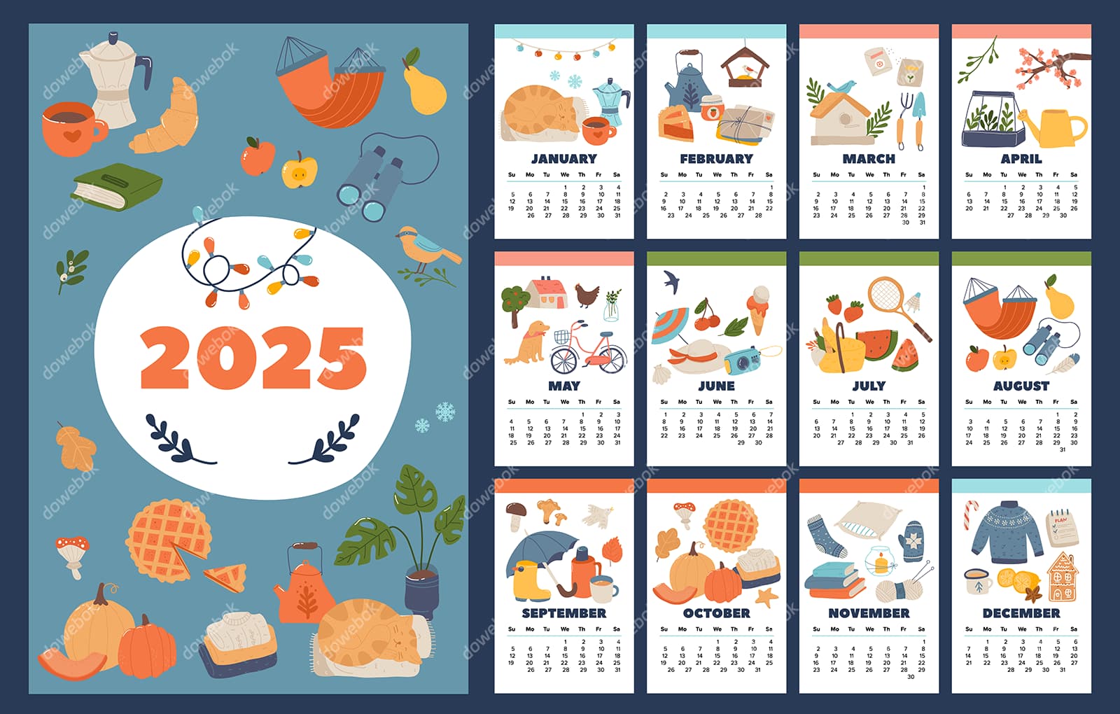 可爱的手绘生活元素设计 2025 年日历矢量素材(EPS)