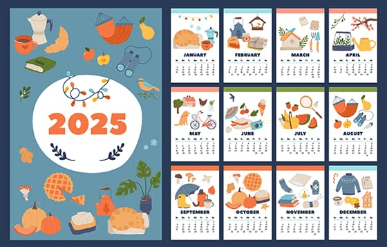 可爱的手绘生活元素设计 2025 年日历矢量素材(EPS)