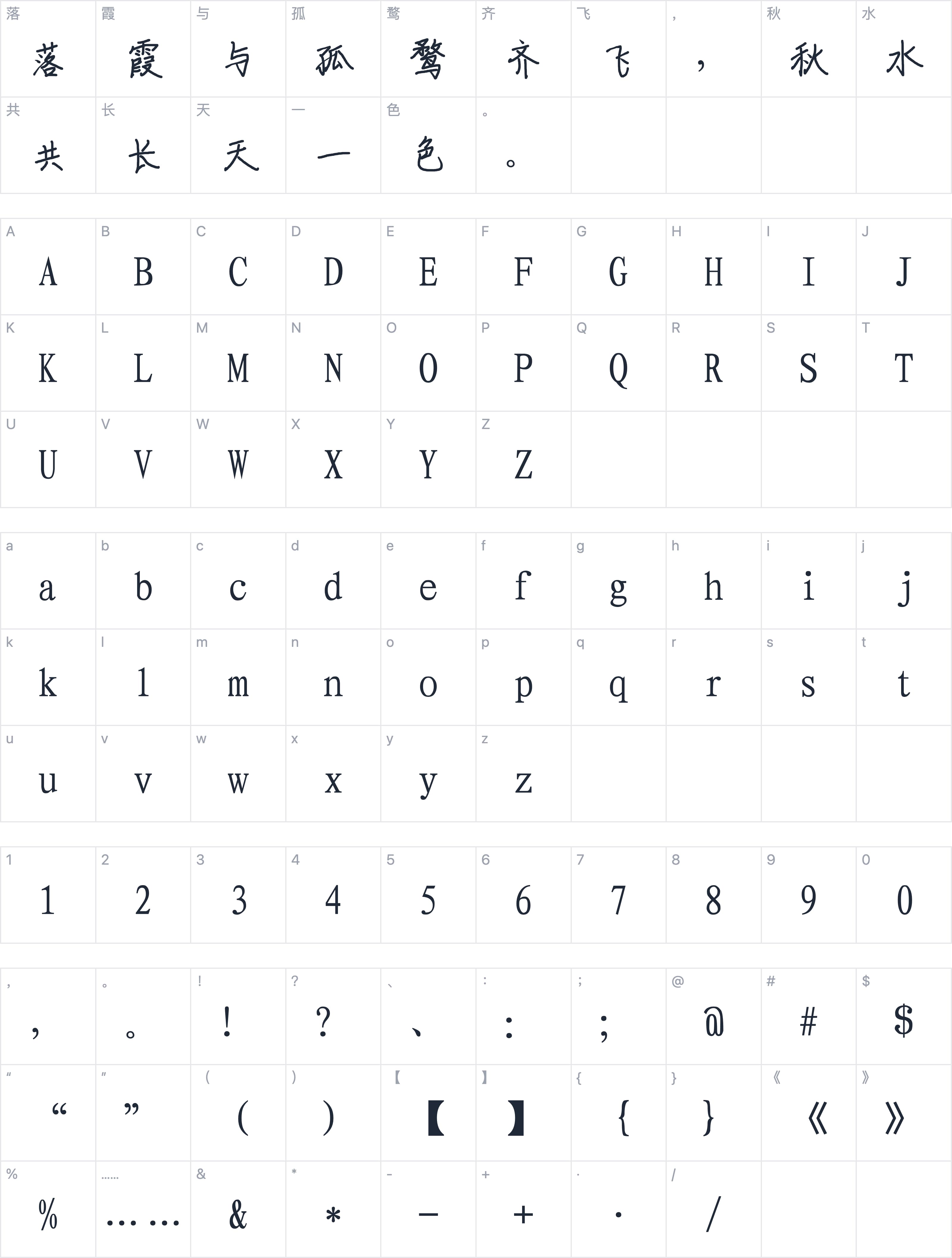手书体字符映射图