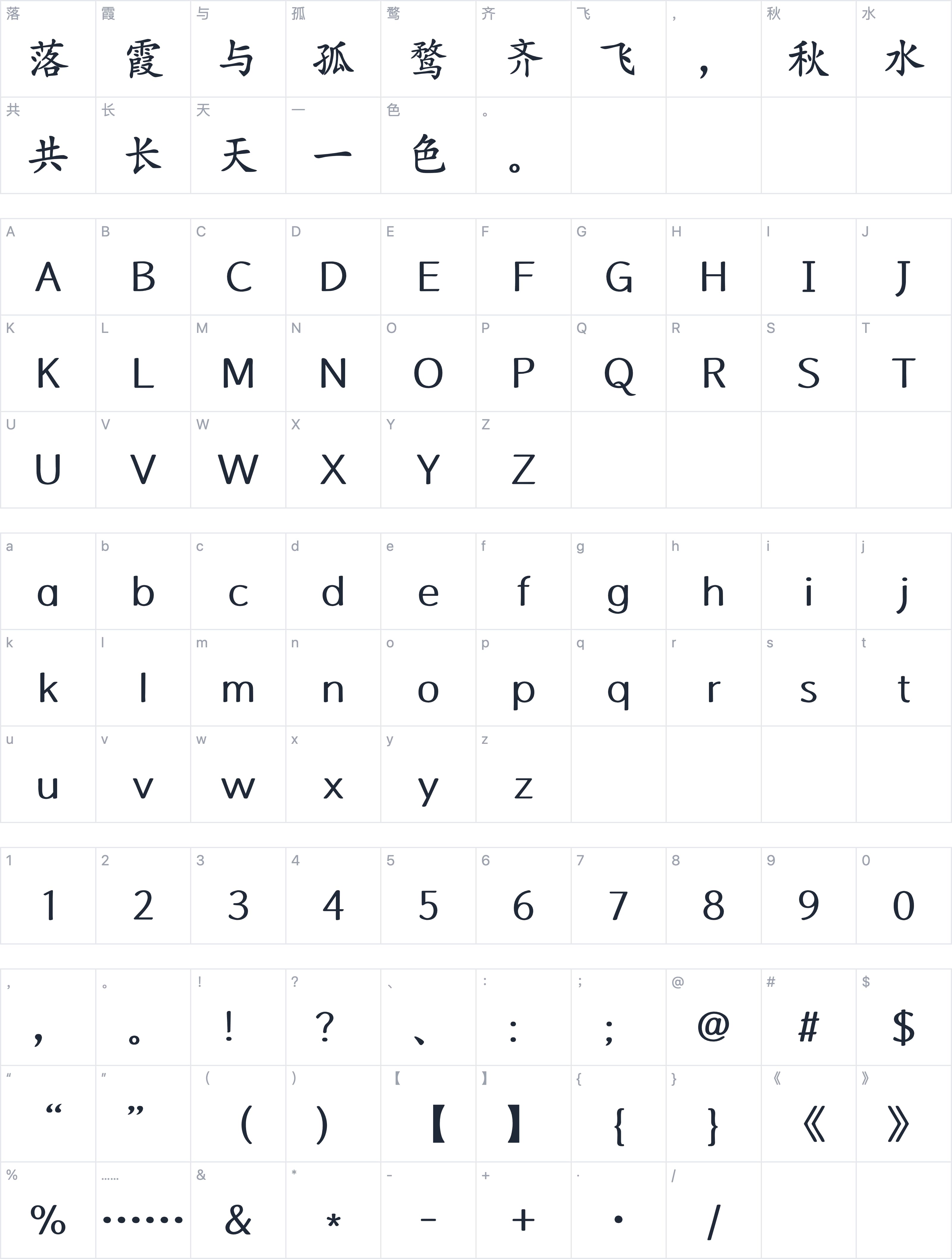 Aa般若楷书字符映射图