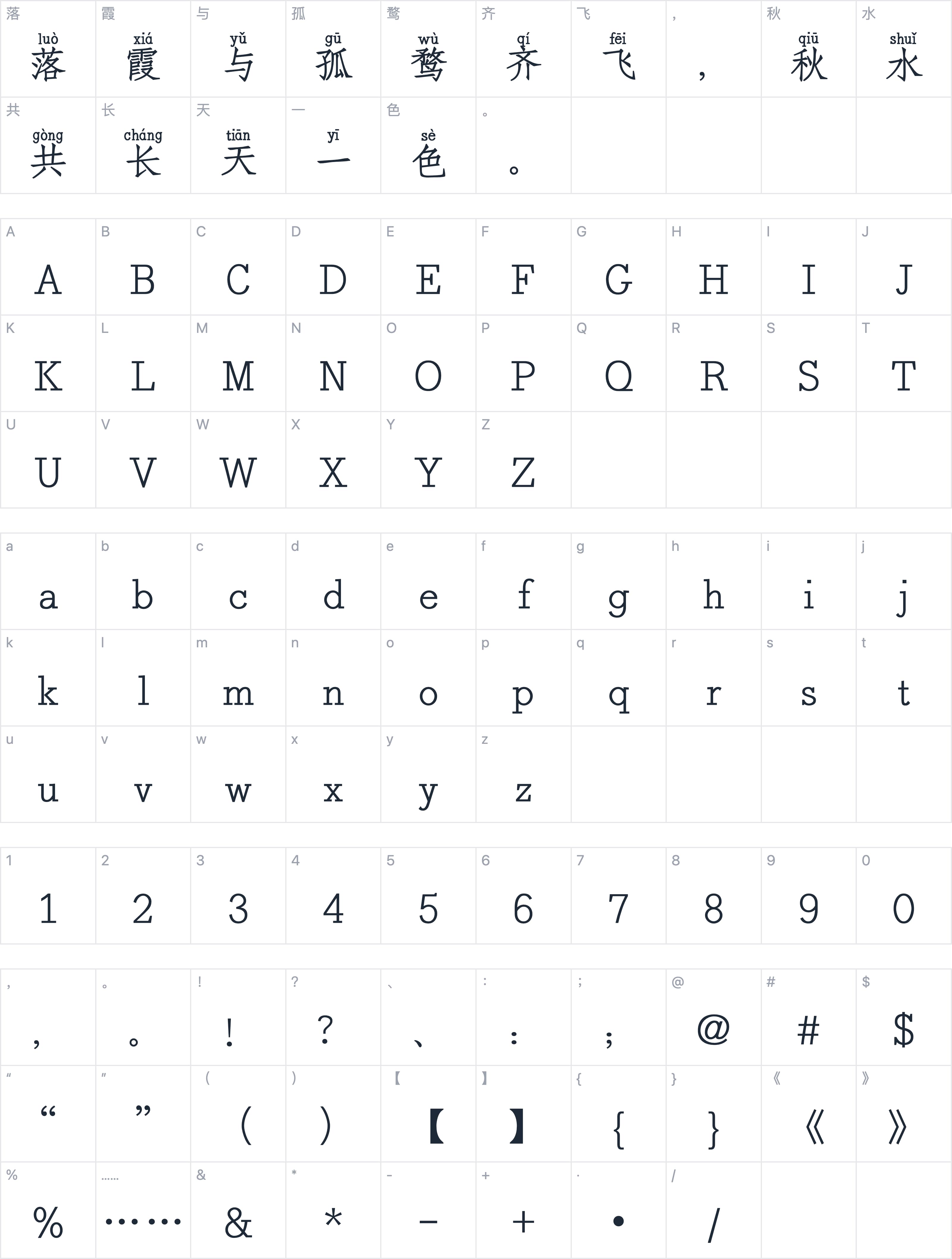 Aa仿宋拼音体字符映射图