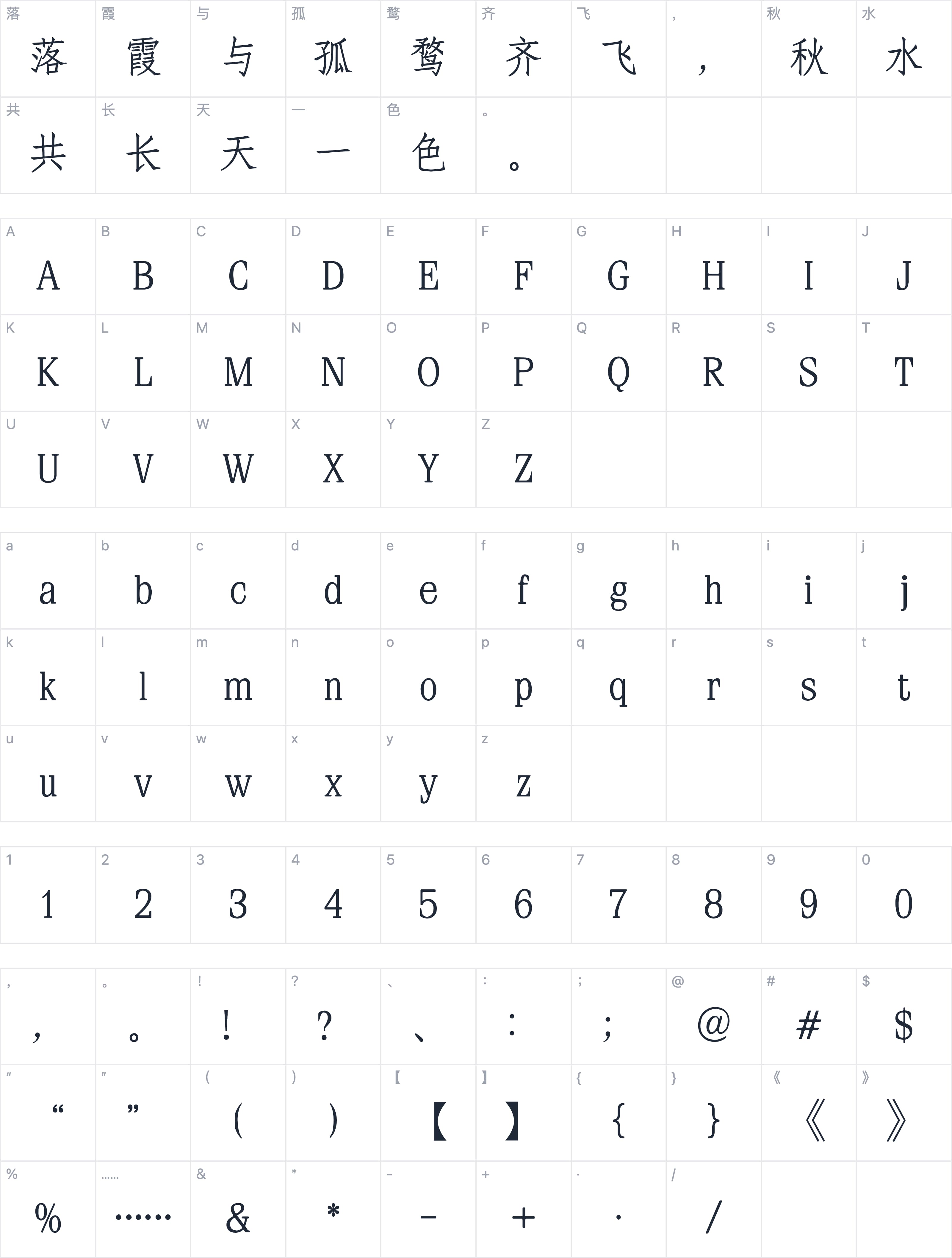印品仿宋简 细体字符映射图
