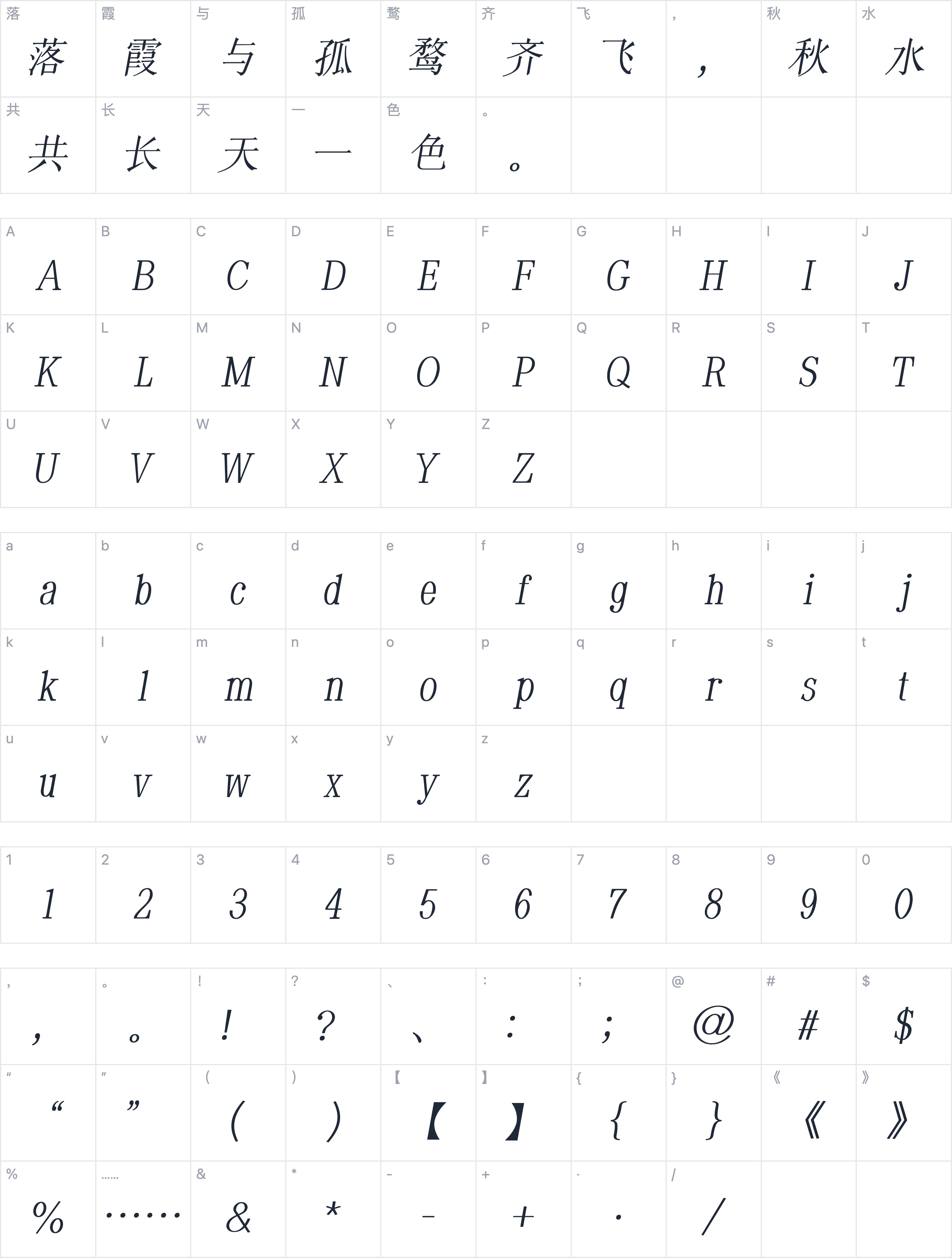 印品清版宋 斜体字符映射图