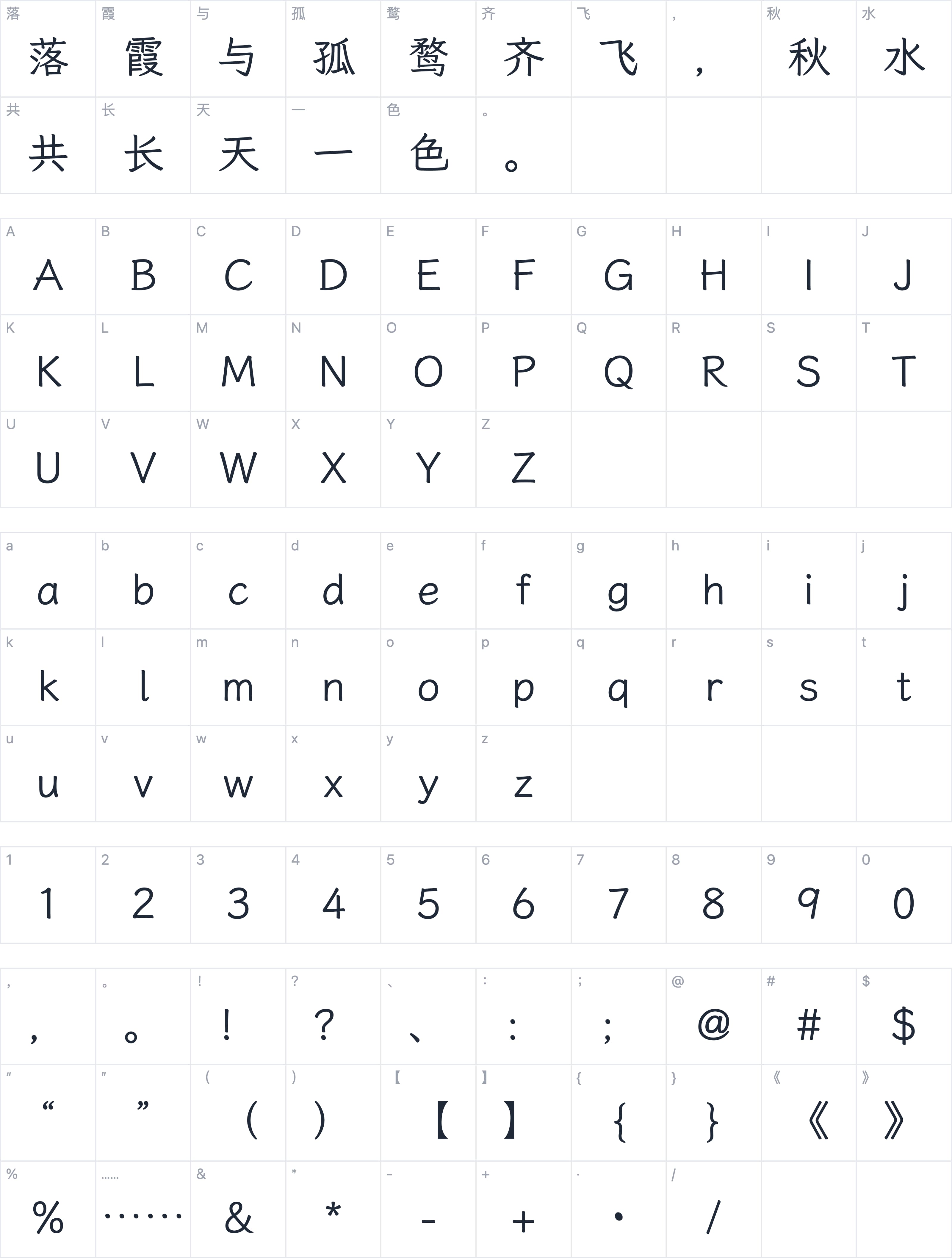 霞鹜文楷字符映射图