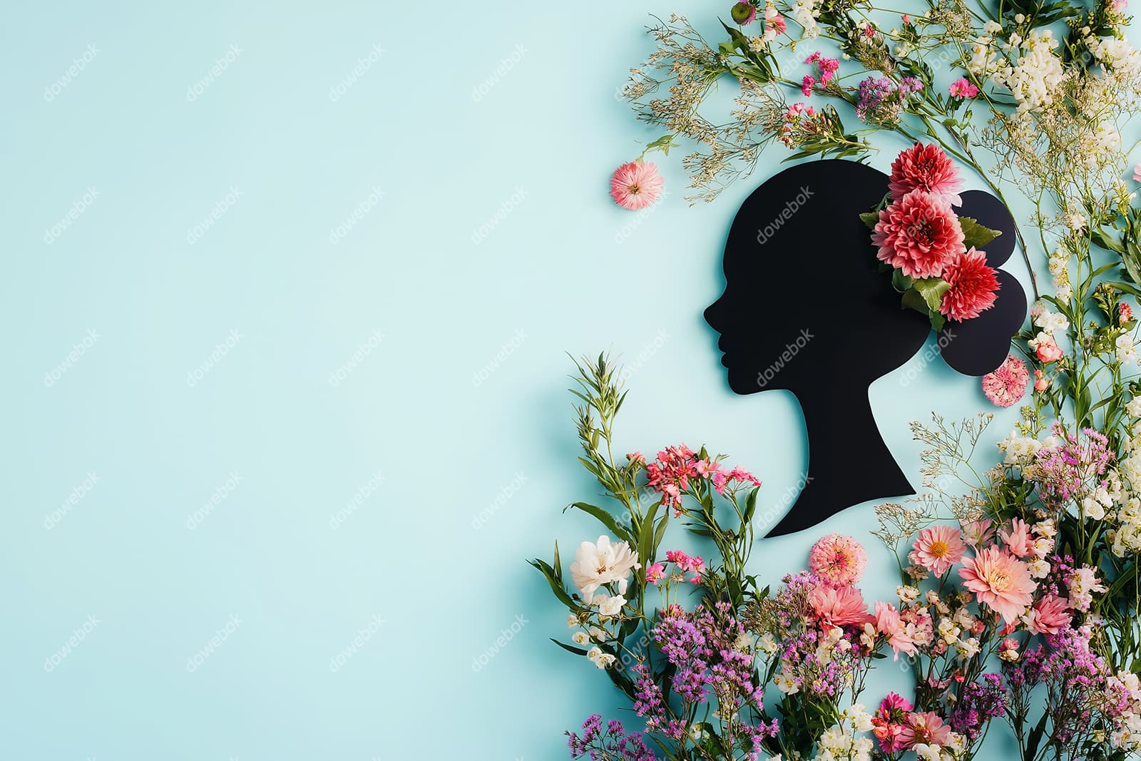 不同的花朵和女性侧脸剪影设计妇女节图片素材(JPG)