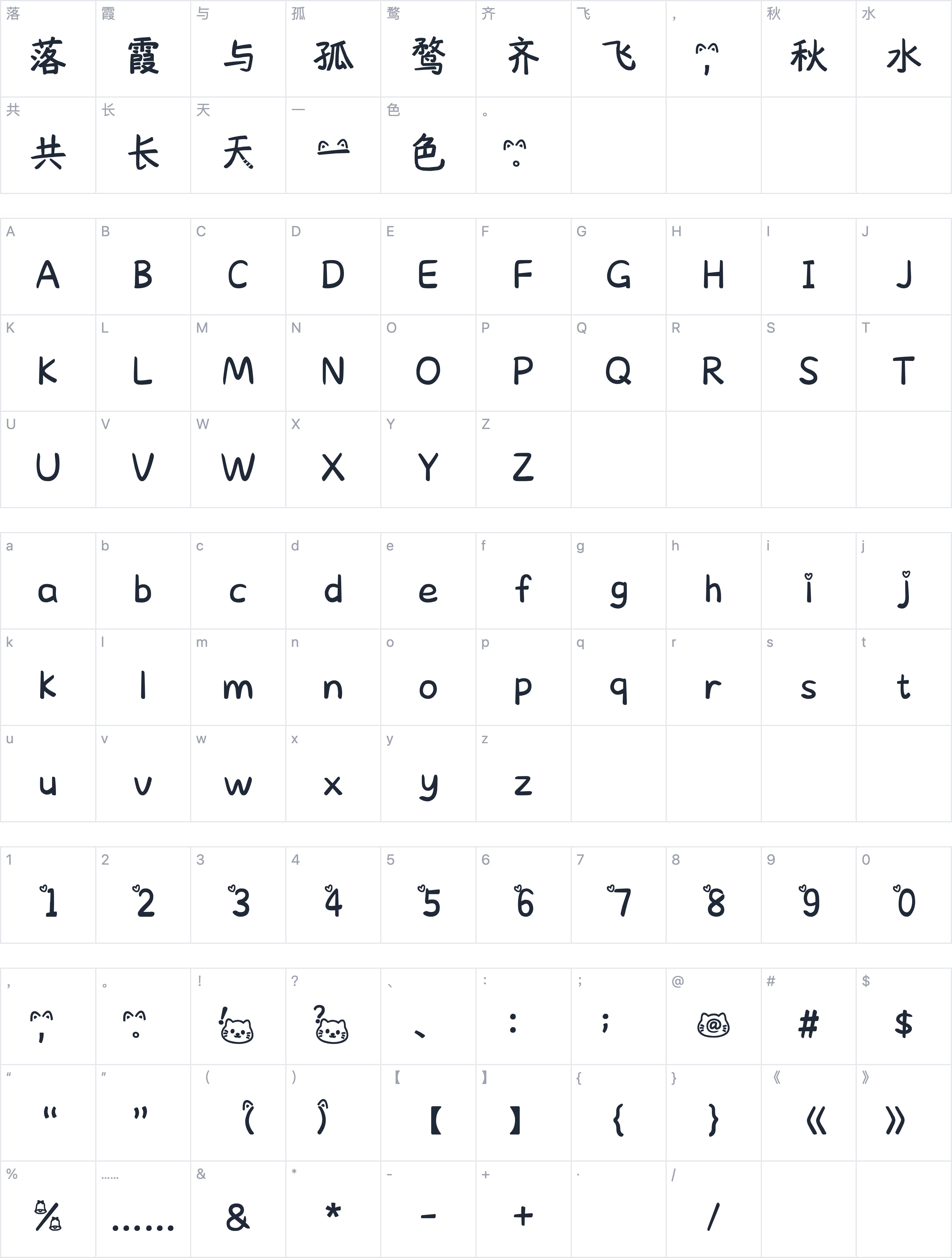 也字工厂喵喵体字符映射图