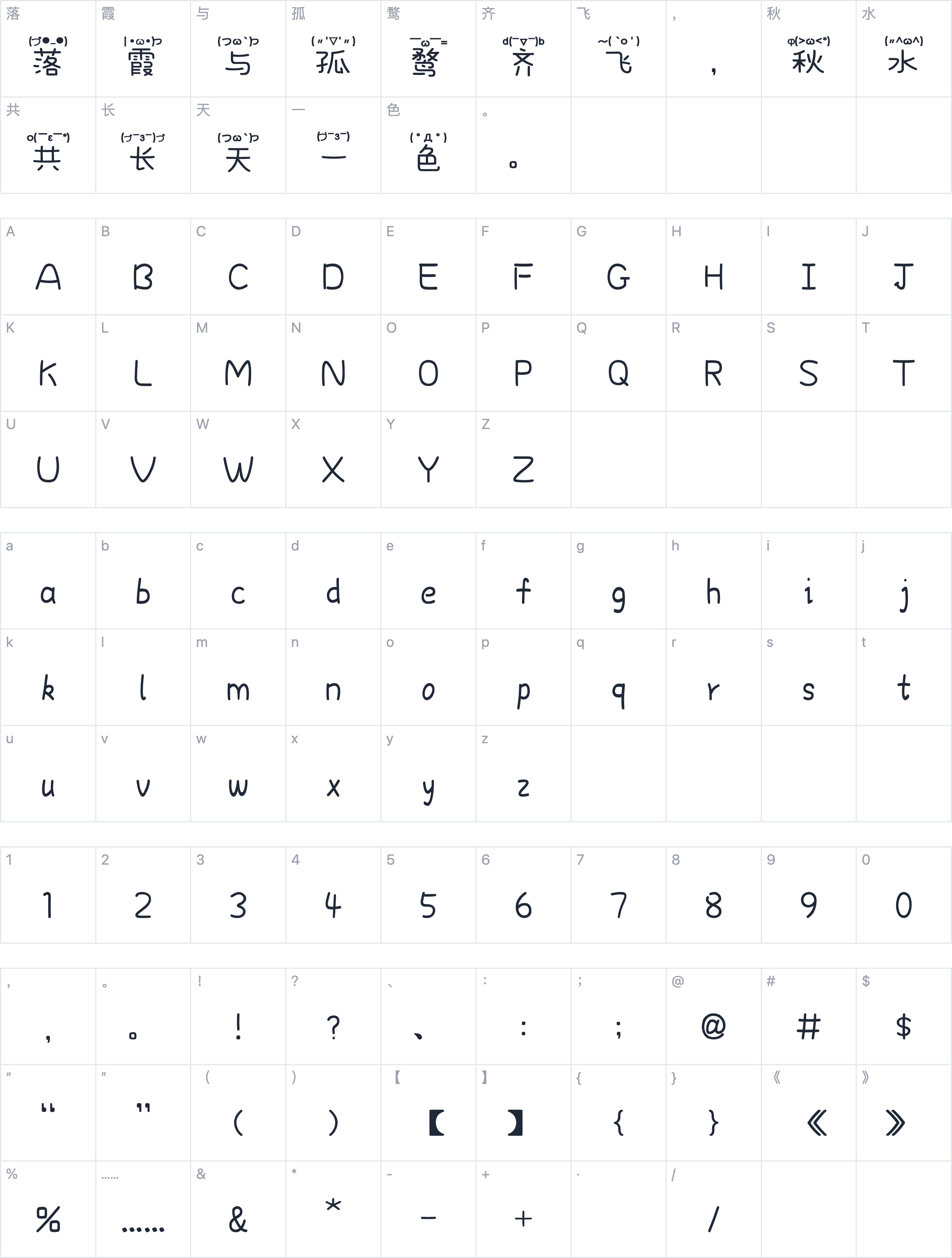 也字工厂可爱颜文字体字符映射图
