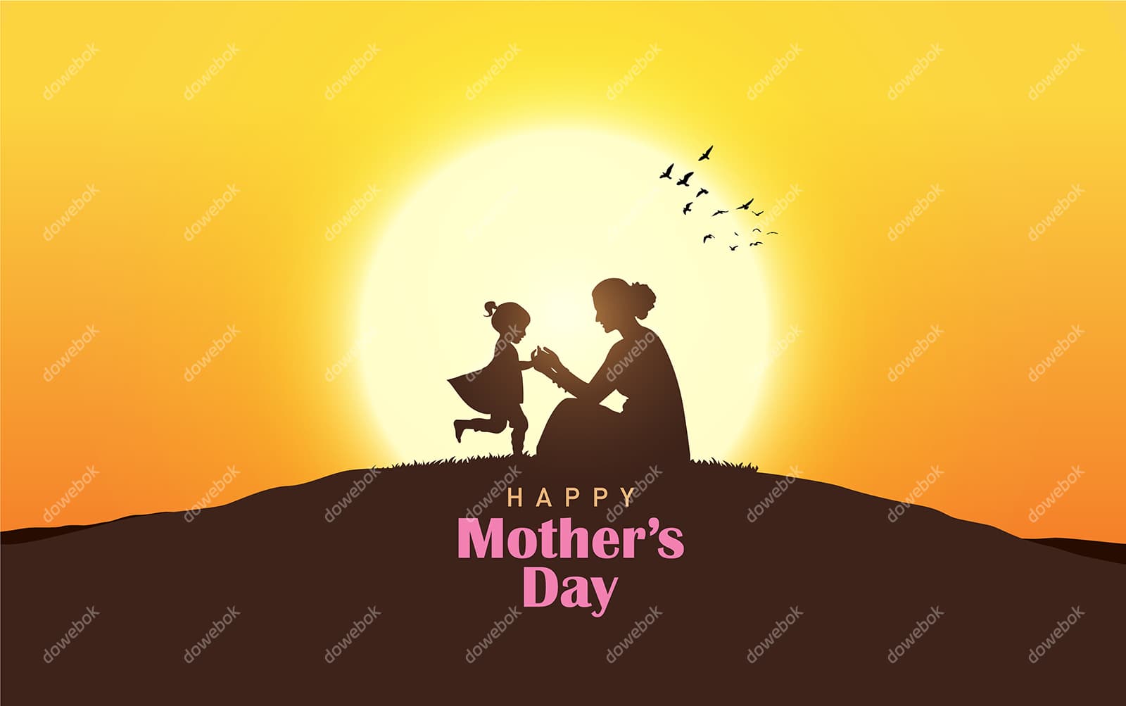 妈妈带女儿在日落下玩耍设计母亲节矢量素材(EPS)