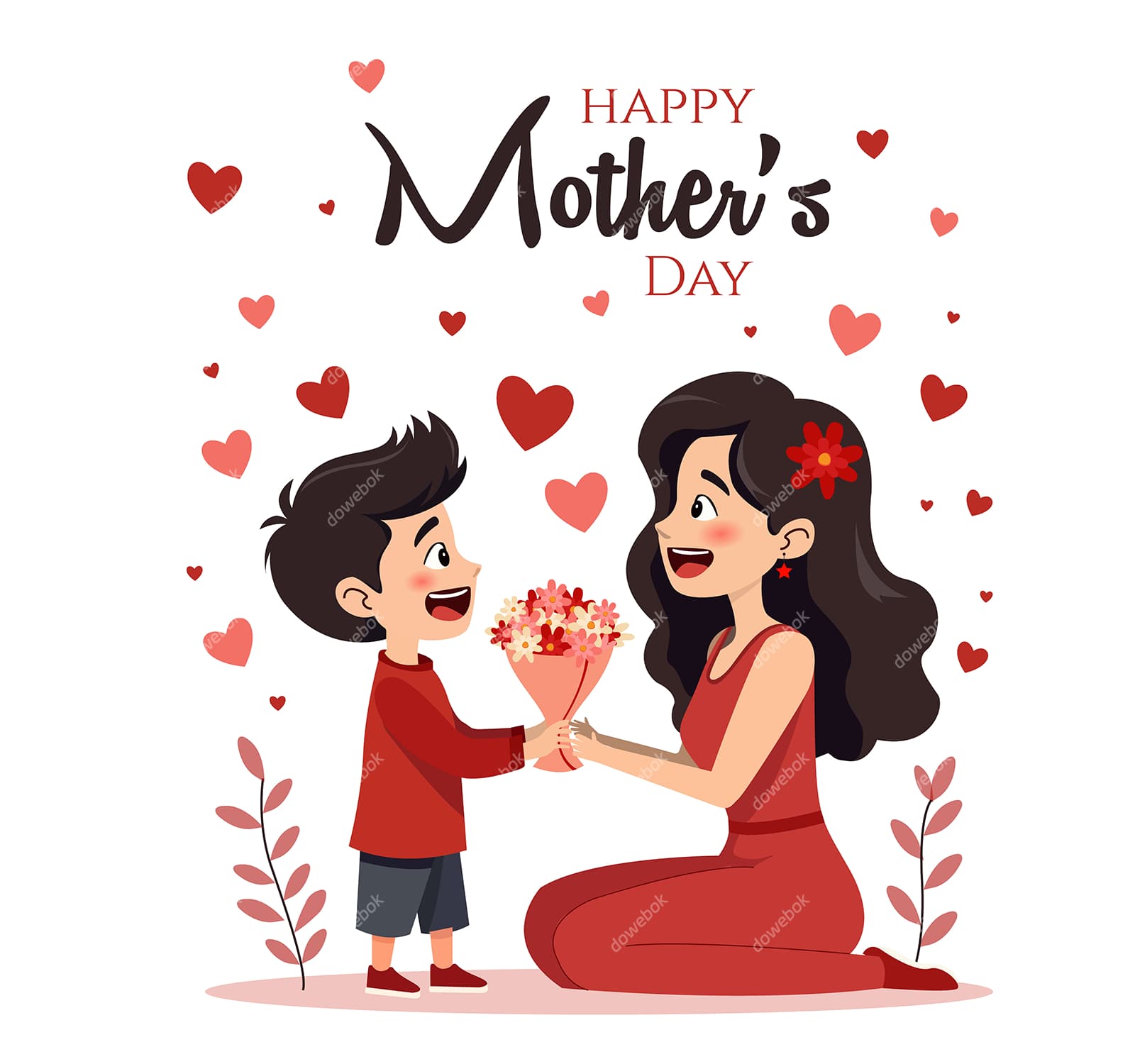 小男孩给妈妈送花设计母亲节快乐矢量素材