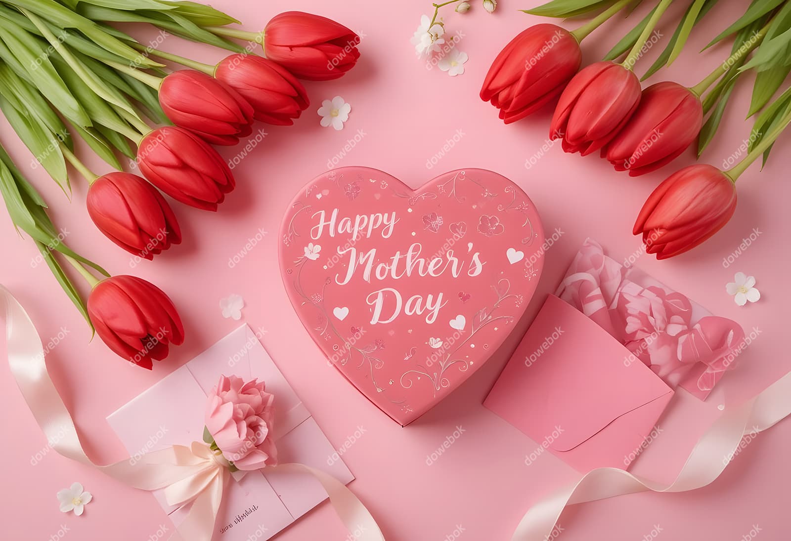 红色郁金香和爱心礼盒设计母亲节快乐图片素材