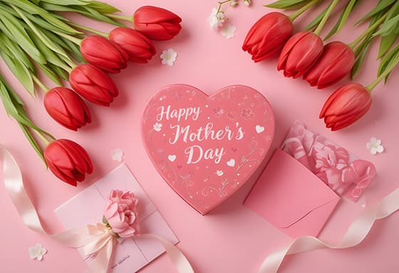 红色郁金香和爱心礼盒设计母亲节快乐图片素材