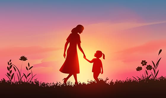 妈妈带着女儿在夕阳下玩耍矢量素材
